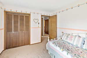 Bedroom with light colored carpet and a closet