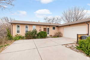 Single story home featuring stucco siding, concrete driveway, an attached garage, a shingled roof, and a patio