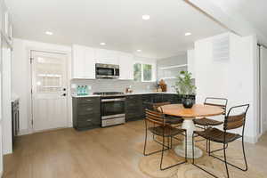 Kitchen featuring white cabinets, backsplash, stainless steel appliances, light wood finished floors, and open shelves