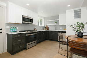 Kitchen featuring white cabinetry, appliances with stainless steel finishes, light wood finished floors, tasteful backsplash, and open shelves