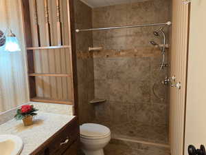 Bathroom featuring updated vanity, new walk-in shower, and stone tile floors