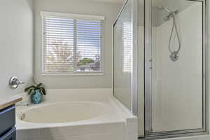 Bathroom featuring a stall shower, a garden tub, and vanity