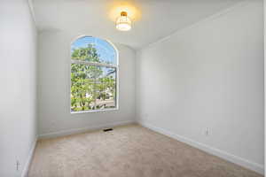 Carpeted empty room featuring baseboards and crown molding
