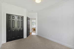 Unfurnished bedroom with carpet floors, crown molding, and a closet