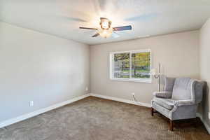 Sitting room with carpet floors and a ceiling fan