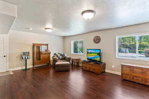 Sitting room with dark wood-style flooring and a textured ceiling