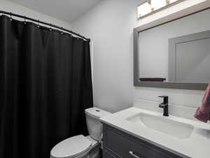Bathroom with vanity and a shower with shower curtain