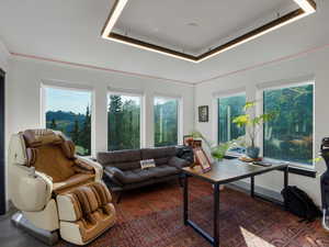 Office featuring a raised ceiling