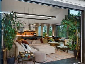 Living area with beamed ceiling