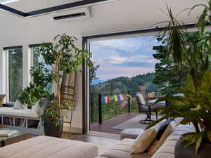 Doorway to outside with an AC wall unit
