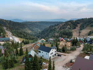 Aerial view of residential area featuring a mountain backdrop and a forest