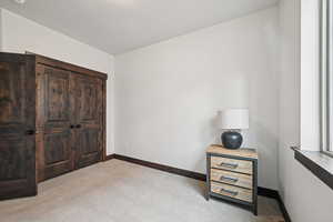 Carpeted bedroom featuring baseboards and a closet