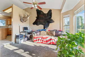 Carpeted living area with a ceiling fan and lofted ceiling