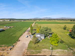 Overview of rural landscape with mountains and farmland
