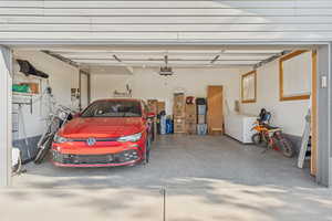 Garage with white fridge