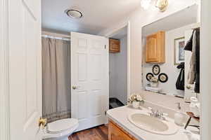 Full bathroom featuring vanity, a shower with shower curtain, dark wood-type flooring, and a textured ceiling