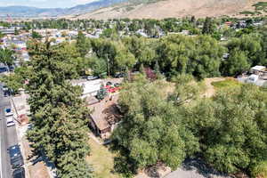 Drone / aerial view of a mountainous background