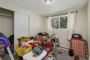 Carpeted bedroom/home office with baseboards