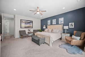 Bedroom with carpet floors, recessed lighting, and a ceiling fan