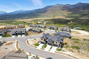 Aerial perspective of suburban area with mountains