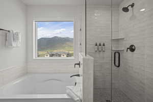 Full bath with a shower stall, a garden tub, and a mountain view