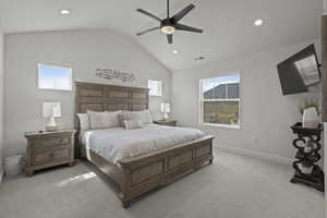 Bedroom with carpet floors, lofted ceiling, recessed lighting, and ceiling fan