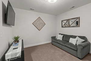 Living room with carpet flooring and baseboards