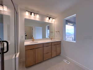 Owner's Bathroom with double vanity and a stall shower
