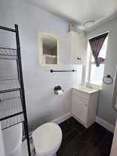 Full bath featuring vanity and wood finish floors