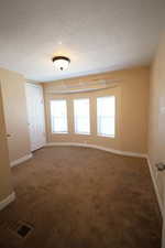 Spare room featuring a textured ceiling, healthy amount of natural light, and dark colored carpet