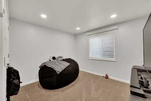Living area featuring carpet flooring and recessed lighting