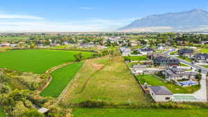 Aerial view of residential area with mountains