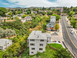 Drone / aerial view of a mountainous background and a tree filled landscape