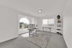 Carpeted office space featuring baseboards