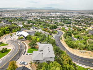 Aerial view of residential area with mountains
