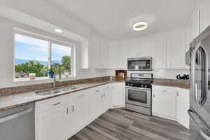 Kitchen featuring dark stone counters, appliances with stainless steel finishes, a mountain view, white cabinetry, and tasteful backsplash