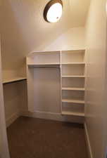 Walk in closet with dark carpet and vaulted ceiling