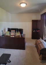 Bedroom or office with a decorative wall, light colored carpet, a textured ceiling, and closet.