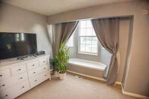 Sitting room featuring light carpet and baseboards