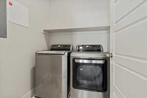 Laundry room featuring washer and clothes dryer and electric panel
