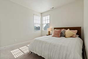 Bedroom featuring carpet flooring and a textured ceiling