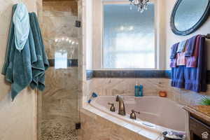 Bathroom with a shower stall and a bath