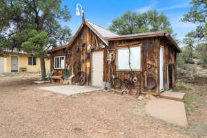 Rear view of property featuring a metal roof, a patio area, and an outdoor structure