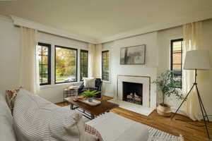 Living area featuring wood finished floors, ornamental molding, and a premium fireplace