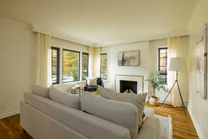 Living room featuring crown molding, wood finished floors, and a fireplace
