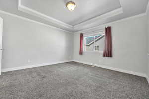 Carpeted empty room with a raised ceiling and ornamental molding