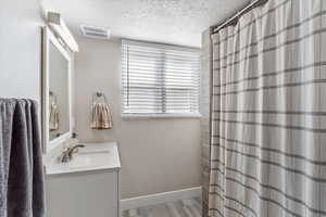 Bathroom featuring vanity, light wood-style flooring, and a textured ceiling