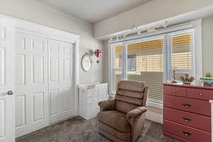 Sitting room featuring dark colored carpet