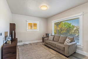 Living area with crown molding and wood finished floors