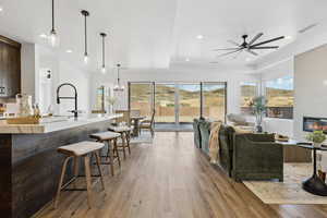 Living room with light wood-type flooring, plenty of natural light, a large fireplace, and recessed lighting